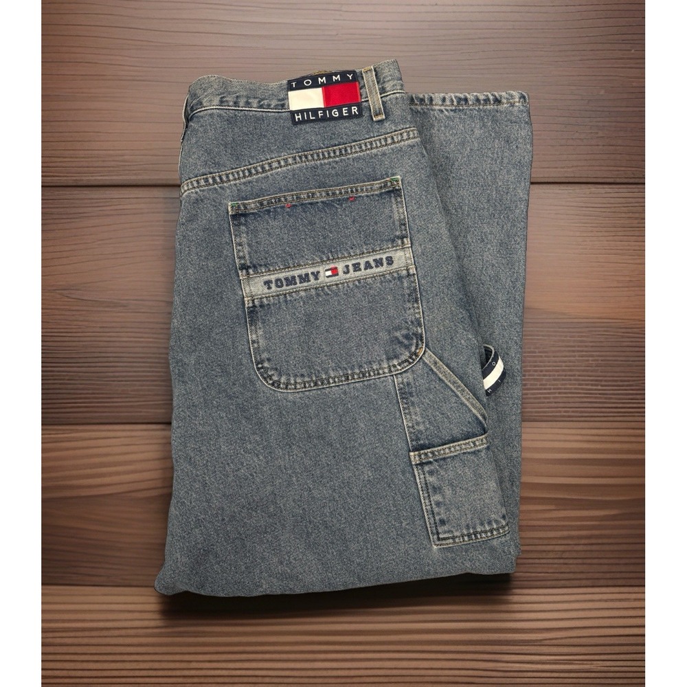 Vintage 90s Tommy Hilfiger Jeans Mens 40x30 Blue Denim Carpenter Baggy Flag Logo